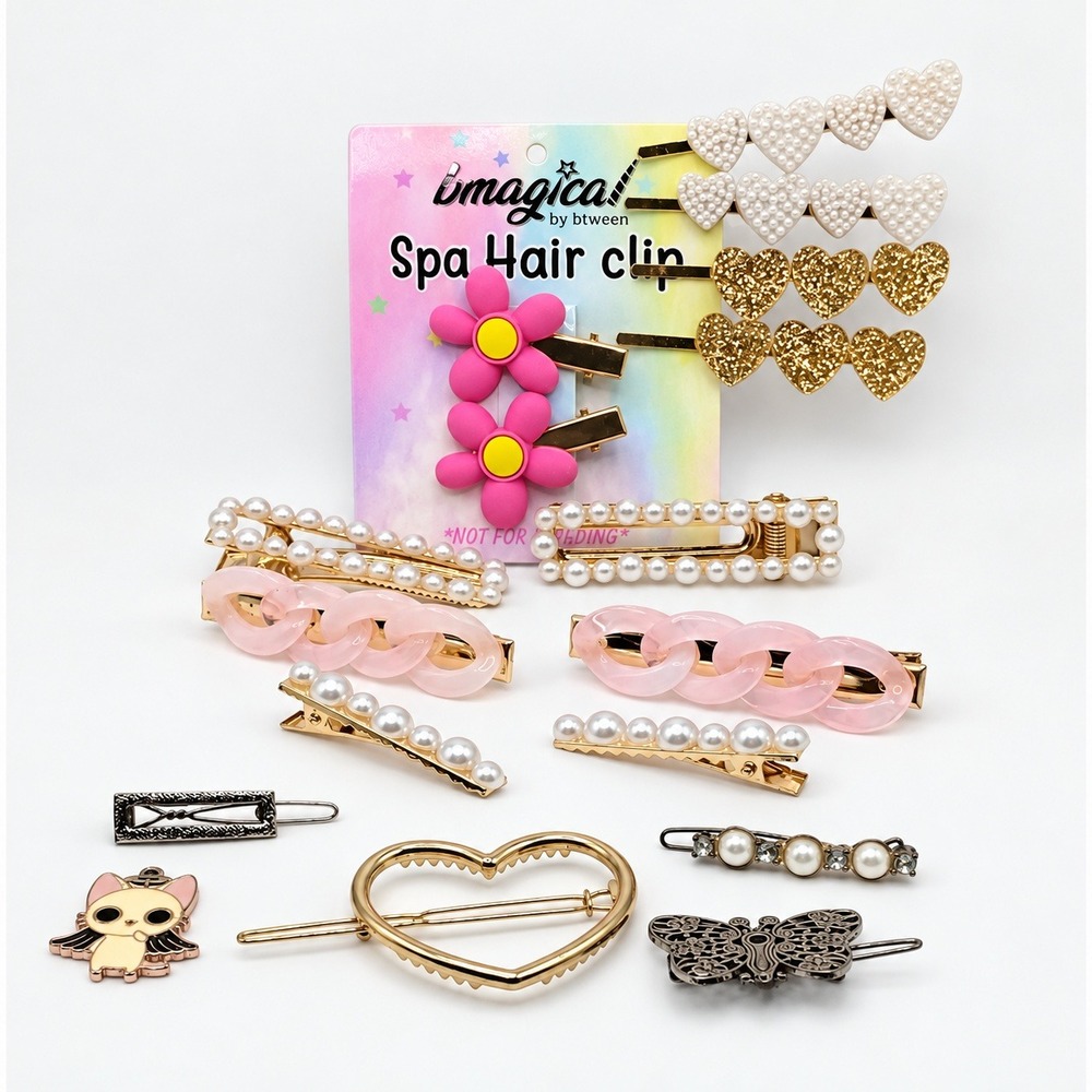 Bmagical by Btween 15pc Hair Clip Set Hearts Flowers Pearls Pink Gold Girls NEW